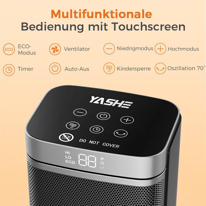 Енергозберігаючий електричний вентилятор-обігрівач YASHE 1500 Вт з пультом дистанційного керування, термостатом, керамічним нагрівальним елементом PTC, коливаннями 70, 24-годинним таймером, захистом від перегріву, захистом від перекидання, блокуванням від