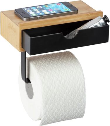 Тримач для рушників WENKO Mod. Bambusa з бамбуковою полицею та шухлядою, вкл. кріпильний матеріал, натуральний/чорний Одномісний