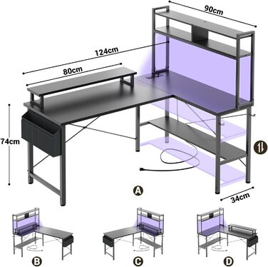 Г-подібний ігровий стіл з розетками та світлодіодним підсвічуванням, невеликий Г-подібний стіл, кутовий комп&39ютерний стіл з підставкою для монітора та полицею, з сумкою для зберігання, чорний