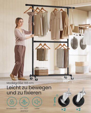 Вішалка для одягу в індустріальному стилі, вантажопідйомність до 110 кг, шафа-стійка на колесах, 2 шт. анги для одягу, виготовлена з металу, міцна, для демонстрації в магазині, чорна HSR62BK