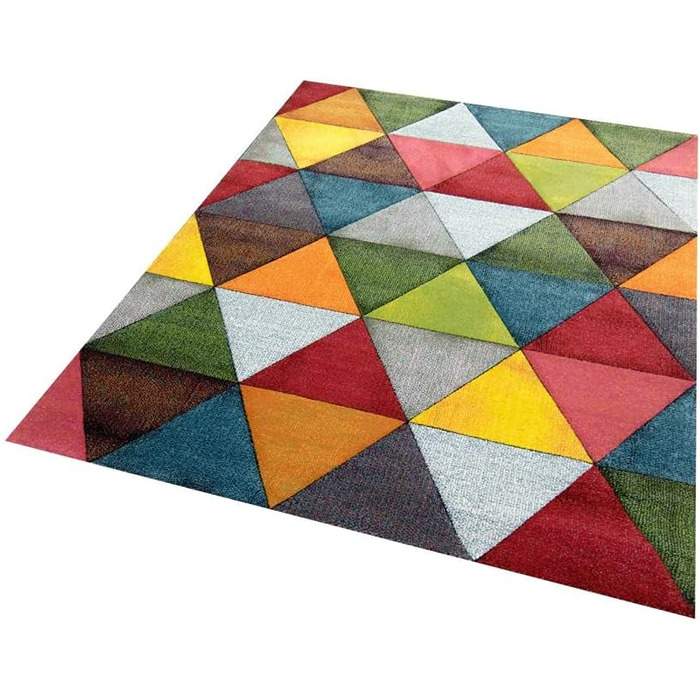 Абстрактний килим для вітальні з сучасним барвистим дизайном у вигляді трикутників оранжевий зелений червоний - легко чиститься ро
