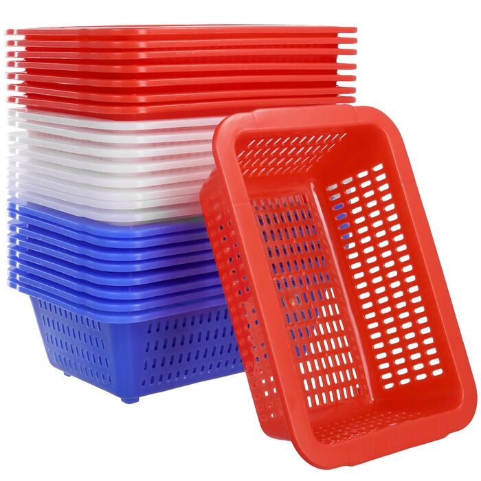 Набір пластикових кошиків для зберігання FUNSUEI з 24 предметів, маленькі кольорові кошики для зберігання, 3 кольори, маленькі пластикові кошики для зберігання та організації, синій, червоний, білий, 23 x 16 x 7 см