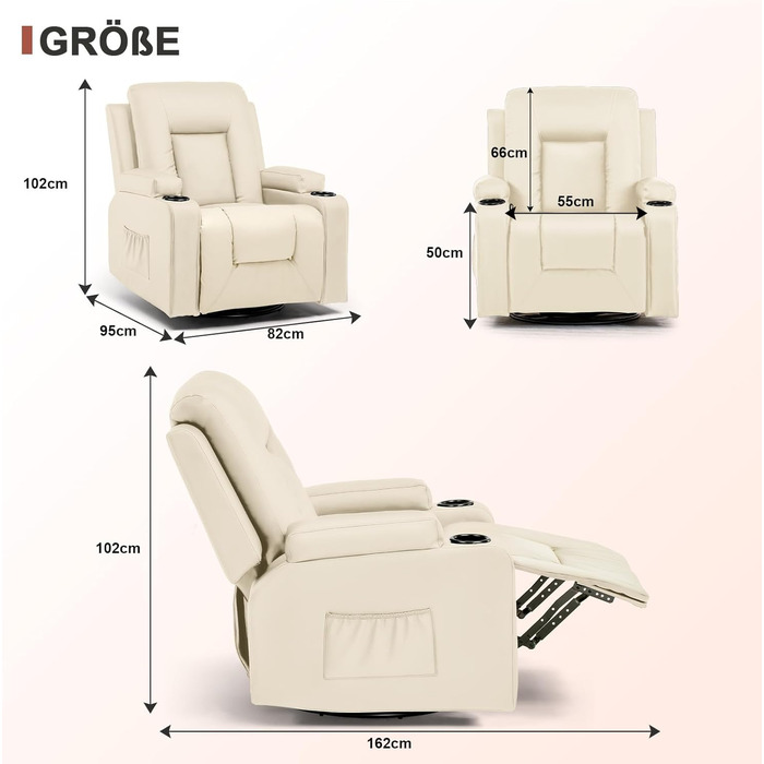 Крісло для телевізора LUCKRACER з розкладним підйомником з функцією відкидання та підставкою для ніг, поворотне на 360 крісло для телевізора для вітальні, крісло-гойдалка з підставками для чашок та бічною кишенею, штучна шкіра, білий поліуретан