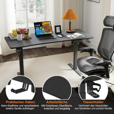 Стіл 140x60 см з електричним регулюванням висоти, карбонова поверхня та порт зарядки Type-C, ігровий стіл з функцією пам&39яті, робоча станція для ПК, стіл для роботи сидячи та стоячи, офісний стіл, чорний 140x60 см чорний