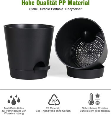 Набір із 6 самополивних квіткових горщиків, 20,3/17,8/16,5/15,2/14/12,7 см, горщики для рослин із системою поливу, кашпо з блюдцем, набір квіткових горщиків, ідеально підходить для кімнатних та балконних садів, чисто чорний колір