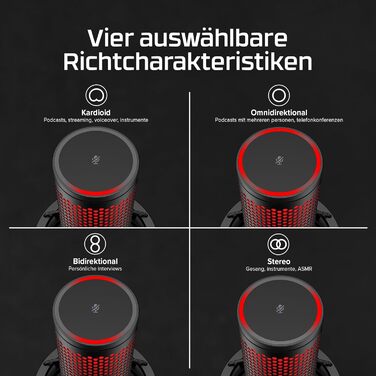 Мікрофон для ігор, потокового мовлення та подкастингу, датчик вимкнення, світлодіодне підсвічування, запис 24 біт/96 кГц, 4 полярн