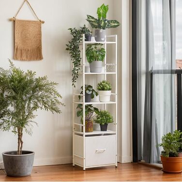 Полиця-драбина, книжкова полиця, 5-ярусна книжкова полиця з шухлядою, підставка для рослин, книжкові полиці для вітальні, спальні, кухні, сталевий каркас, білий YD-BC001W 39x26x136см Білий