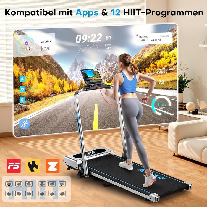 Домашня бігова доріжка, біговий килимок 5-в-1, складна бігова доріжка 12 км/год з нахилом 9, безщітковий двигун 2,75 к.с., ходун зі світлодіодним дисплеєм, сумісність із додатками, 12 програм, подвійний режим роботи, сріблясто-синій