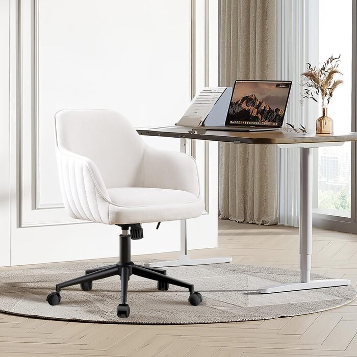 Офісне крісло, для домашнього офісу, оксамитове крісло-туалет, вантажопідйомність до 136 кг, ергономічне, регульоване по висоті обертове крісло, робоче крісло з поворотом на 360, тихі коліщатка, для кабінету, спальні, для домашнього офісу, білий оксамит, 