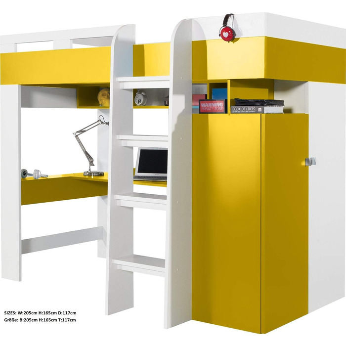Ліжко-горище/двоярусне ліжко, композиція MOBI System 20 з письмовим столом і шафою. Комплект дитячих меблів. (білий/жовтий)