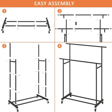 Вішалка для одягу Calmootey з подвійною штангою - на колесах та портативна для спальні, вітальні, магазину одягу - чорна