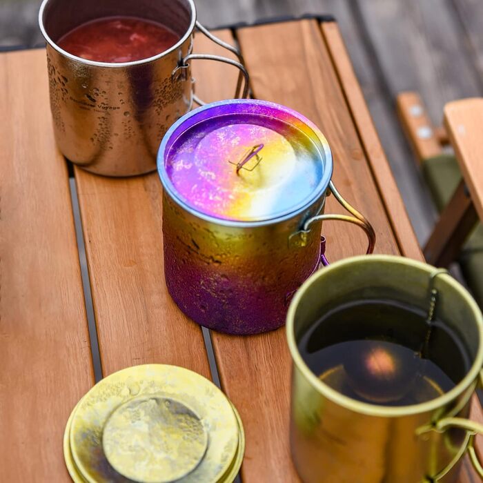 Мл титанова кружка з кришкою кемпінгова чашка для чаю та кави, відкритий, подорожі, металевий посуд зі складною ручкою, одношарова чашка з льодяною квіткою, портативний пішохідний пікнік-рюкзак, ультралегкий посуд Ti3055D колір, 450