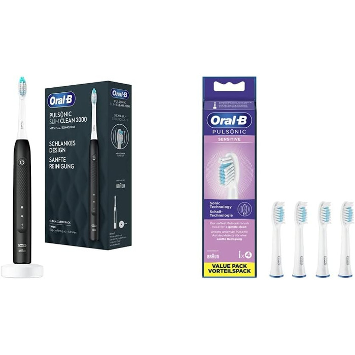 Електрична зубна щітка Oral-B Pulsonic Slim Clean 2000 Звукова, чорна та чутлива щітки для звукових зубних щіток, 4 шт. и, насадка для зубної щітки Oral-B Звукова зубна щітка