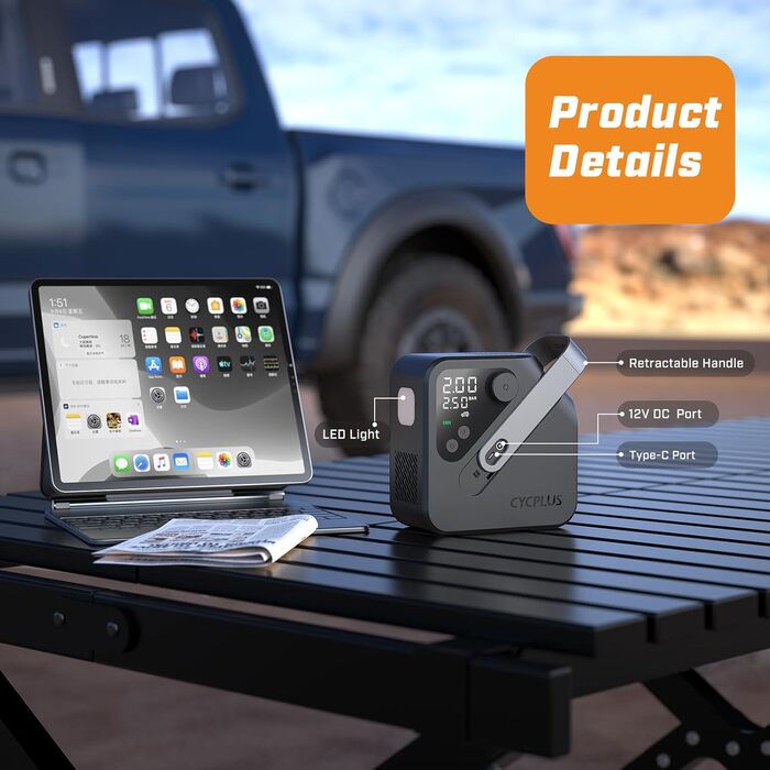 Електричний повітряний насос CYCPLUS AL7, портативний повітряний компресор для велосипедів, автомобілів, вантажівок, пікапів та позашляховиків, в 4 рази швидший насос для накачування шин з високопродуктивним двигуном, компактний та потужний для комерційни