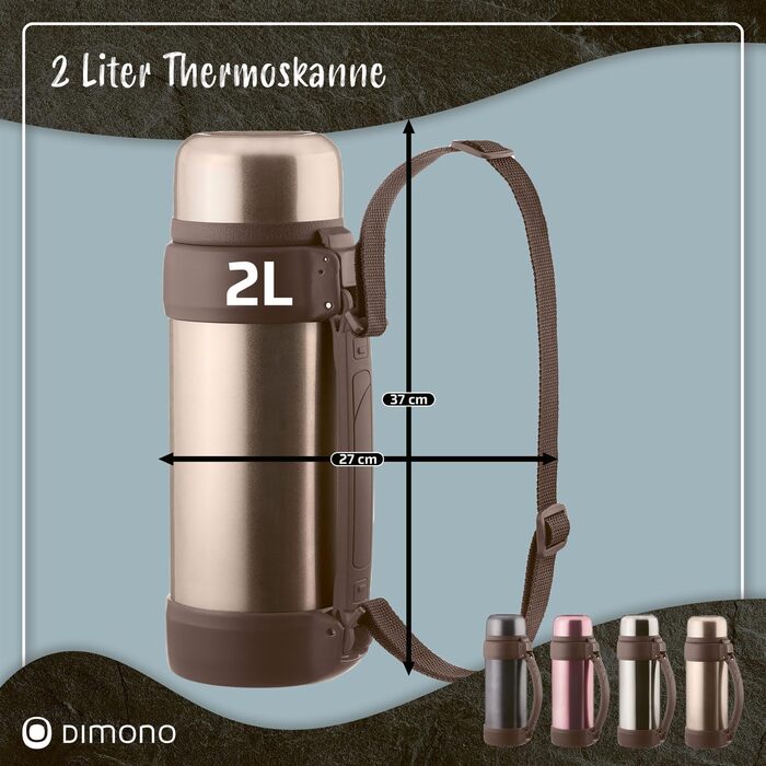 Термос Dimono з вакуумною ізоляцією XXL об&39ємом 2 літри, двостінна ізольована пляшка, термос з чашкою та ремінцем для перенесення (бронзовий металік)