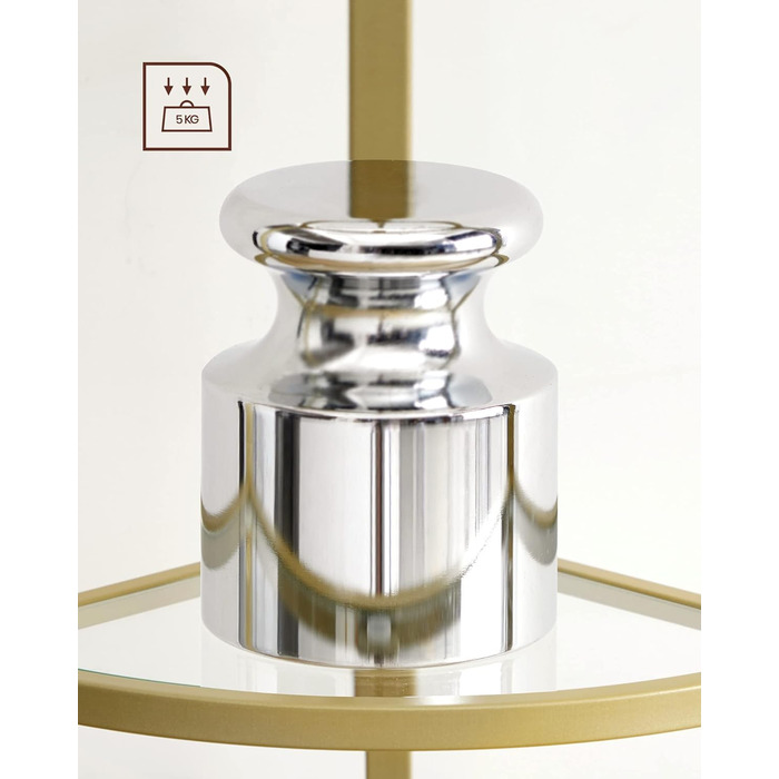 Кутова полиця VASAGLE, 5 полиць, книжкова полиця, полиця для рослин, окремостояча полиця, полиця для ванної кімнати, полиці із загартованого скла, сталева рама, сучасна, для вітальні, кухні, металеве золото LGT810A01 5 полиць (28 x 28 x 158 см) металеве з