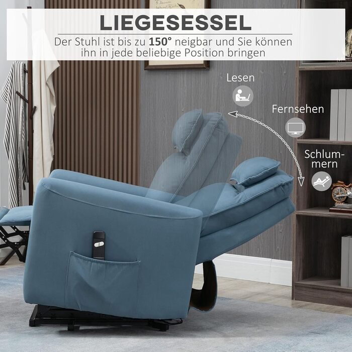 Електричне крісло-реклайнер для телевізора HOMCOM з підйомником та функцією відкидання, м&39яке крісло для відпочинку з пультом дистанційного керування, бічна кишеня, оксамитове крісло для телевізора, синє