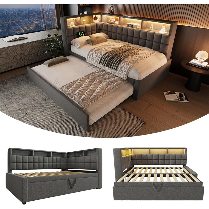 Кушетка 90x200 з висувним ліжком 90x190, диван-ліжко зі світлодіодним підсвічуванням, USB та Bluetooth, висувне ліжко-кушетка з рейковою основою, гостьове ліжко, без матраца, сірий, сірий F 90x200