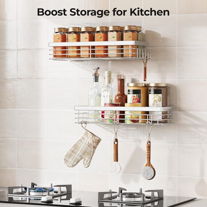 Полиця для душу Orimade без свердління - Душова полиця з 5 гачками, полиця для ванної кімнати без свердління, нержавіюча сталь, 2 шт., 01-Сріблястий