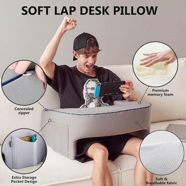 Подушка для читання, ергономічний стіл для колін, подушка для читання в ліжку, підлокітник для дивана, подушка для колін, подушка для читання, ігрова подушка, подушка для рук для дорослих - сіра