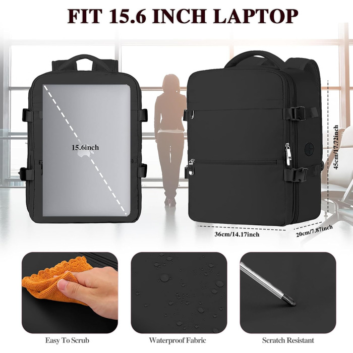 Рюкзак Easyjet для ручної поклажі, 45x36x20 см, рюкзак для подорожей у літаку, рюкзак для ноутбука 15,6 дюймів з USB-портом, дорожня сумка, ручна поклажа, робоча сумка для чоловіків та жінок, чорний