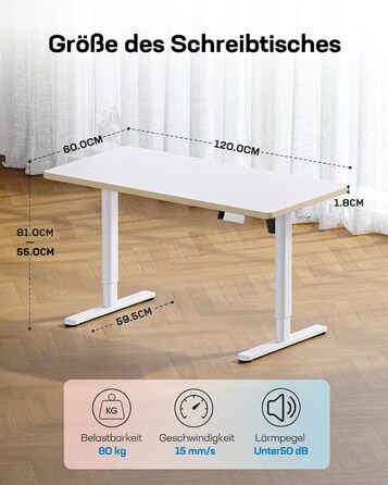 Дитячий електричний стіл HUANUO, регульований по висоті, 120 x 60 см, стіл з регульованою висотою, вся стільниця з 3 попередньо встановленими рівнями висоти, білий, 120 x 60 см