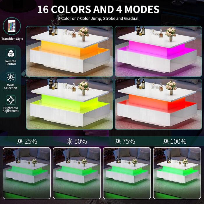 Журнальний столик з регульованою висотою, глянцевий стіл для вітальні з підйомною стільницею, сучасний журнальний столик для вітальні з 16-кольоровим світлодіодним освітленням та 2 шухлядами, білий, повний підйом