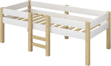 Дитяче ліжко Bellabino Aspy 90x200 см Двоярусне ліжко з поручнями та рейковою основою Ліжко середнього класу з драбиною з масиву сосни білого/натурального кольору Дитяче ліжко для хлопчиків та дівчаток без матраца білого кольору - Без шухляд