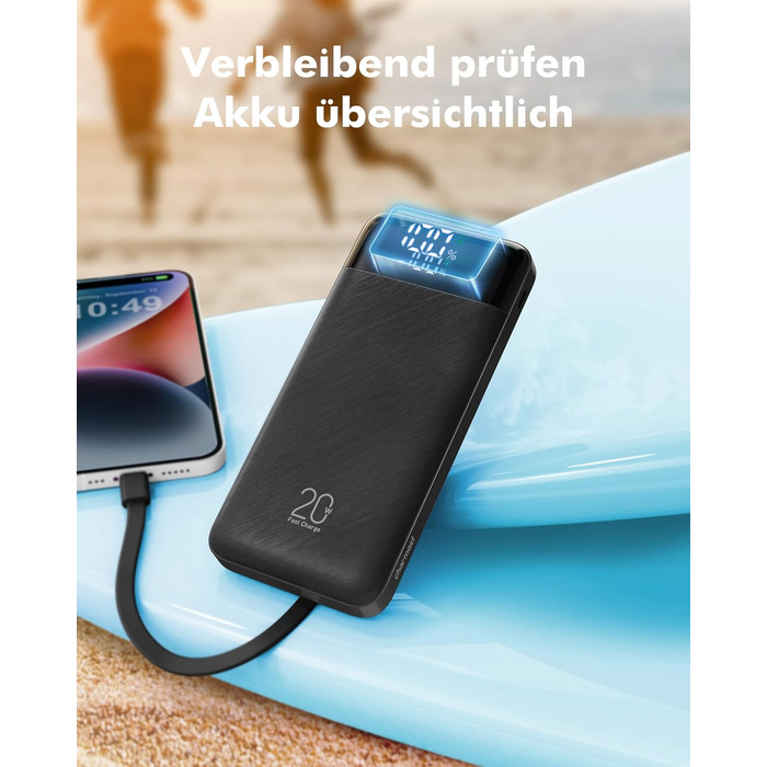 Зовнішній акумулятор Charmast Power Bank потужністю 22,5 Вт 20000 мАг з 4 кабелями та світлодіодним дисплеєм, USB C PD3.0 QC4.0, зовнішній акумулятор для мобільного телефону з 6 виходами, сумісний з iPhone 17 16 15 14 13 12 Pro Max Plus, планшетом Samsung