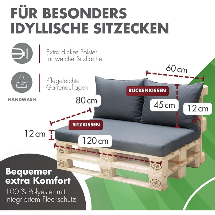 Набір подушок Doppler Pallet Cushion Casaya 3 шт. Fresh Green I Pallet Cushion OEKO-TEX сертифікований з 1 подушкою для сидіння (120x80x15 см) 2 подушками для спинки (60x45x12 см) I Подушки для піддонів із захистом від плям Freshgreen