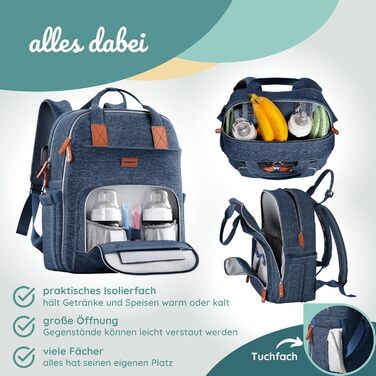 Велика пеленальна сумка-рюкзак з пеленальним килимком - З місцем для зберігання та кишенями - Вологе та ізольоване відділення - Шк