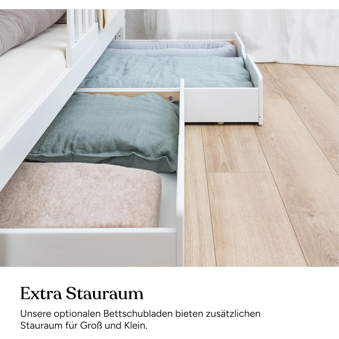 Ліжко Ehrenkind Lille House Дитяче ліжко зі знімними захисними поручнями з масиву дерева, сертифіковане FSC, включаючи шухляди Ліжко House 90x200 Дитяче ліжко 90x200 Біле 90 x 200 см з шухлядами