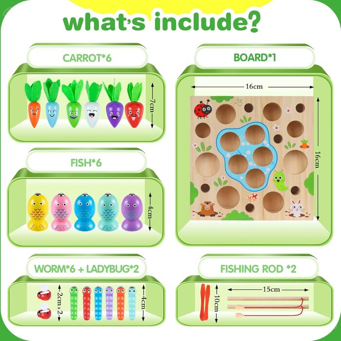 Іграшки COOLJOY Монтессорі від 1, 2, 3 років і старше, гра Складання моркви, деревяна магнітна рибалка, деревяна іграшка для розви