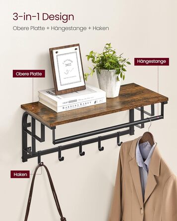 Настінна вішалка VASAGLE з полицею для зберігання, настінна полиця з 5 знімними гачками, підвісна полиця з рейкою для одягу, для п