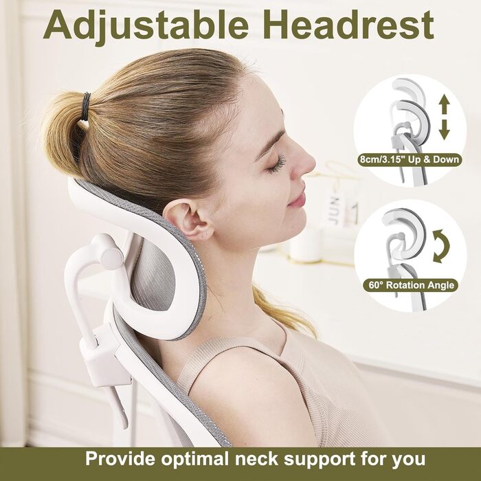 Ергономічне офісне крісло для домашнього використання, висока сітчаста спинка, з регульованою поперековою опорою, складні підлокітники, знімний підголівник, обертове ігрове крісло, компактне, 150 кг (білийсірий)