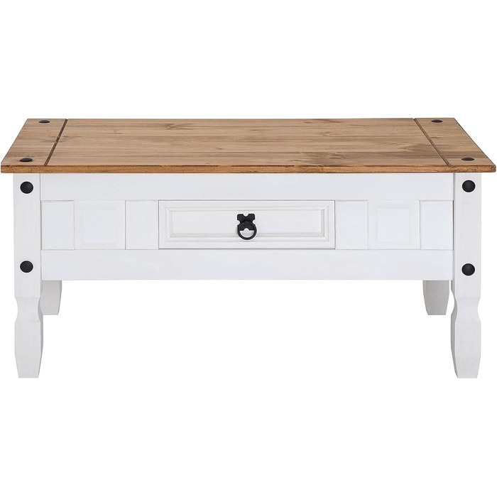 Журнальний столик CARO Furniture Campo в мексиканському стилі, стіл для вітальні/приставний столик, масив сосни, коричневий/білий лак, з 1 шухлядою