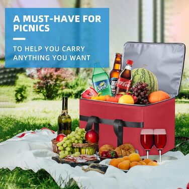 Велика складна сумка-холодильник об&39ємом 38 літрів, термосумка для покупок, вміщує 20 кг, ідеально підходить для ізольованих сумок для покупок, сумок для пікніка та подорожей на природі. Червоного кольору.