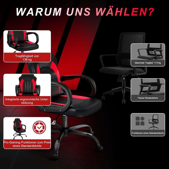 Ігрове крісло AnyGod, ергономічне ігрове крісло для комп&39ютера з поперековою опорою, регульовані по висоті поворотні колеса, для дому, офісу для дорослих, підлітків, дітей та геймерів, червоне