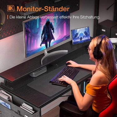 Ігровий стіл ODK L-подібної форми, 120x80 см L-подібний стіл з двосторонньою полицею, кутовий стіл із портом зарядки USB та розеткою, кутовий стіл із підставкою для монітора для офісу, домашній офіс, чорний 120x80 см