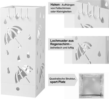 Підставка для парасольки Laneetal, квадратна підставка для парасольки, тримач для парасольки з металу, зі знімним піддоном для крапель води, 4 гачки, мотив парасольки, 20x49x20см, білий