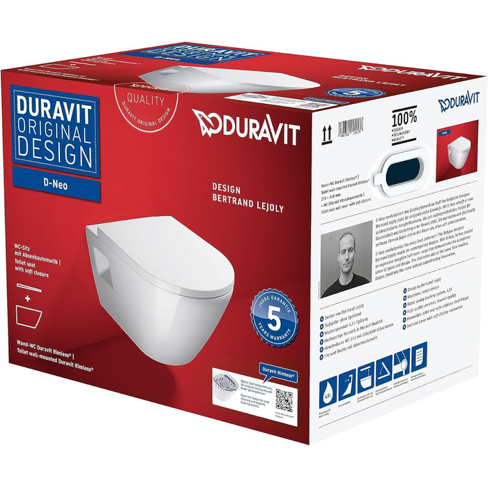 Набір для унітазу Duravit D-Neo, підвісний унітаз, сидіння з м'яким механізмом закриття, унітаз з відкритим обідком для змиву, знімна кришка унітазу, білий