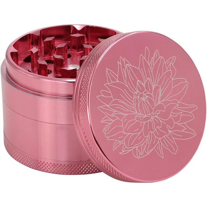 Преміум подрібнювач Cruncher Стійкий до ударів алюмінієвий подрібнювач Дробарка для спецій Подрібнювач спецій з квітами на кришці Магнітна Ø55 мм Металева кавомолка 4 шт. и рожева