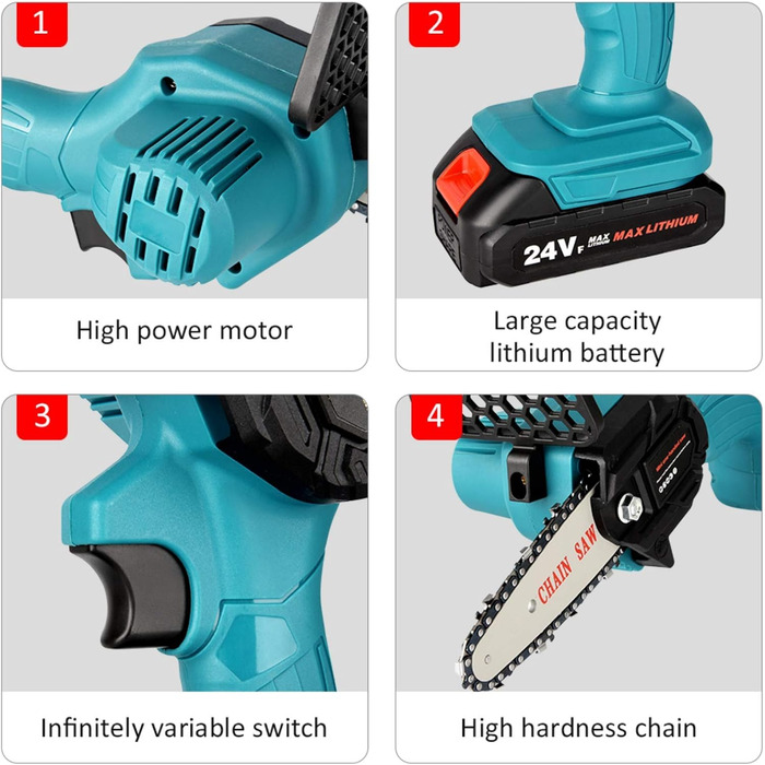 Акумуляторна ланцюгова пила Електрична ланцюгова пила 4-дюймова Акумуляторна ланцюгова пила Міні-пила для різання деревини, що працює від акумулятора, що перезаряджається Портативна ланцюгова пила з безщітковим двигуном 24В, 800Вт, 2800р/хв.
