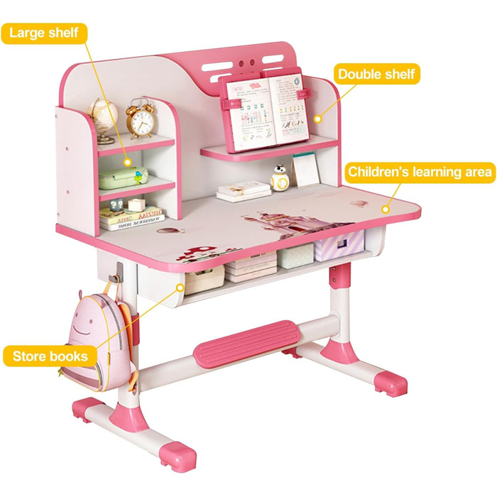 Комплекти дитячих стільців для роботи, регульована висота, ергономічний дизайн, дитячий стілець для роботи з великою письмовою дошкою та великою шухлядою, вбудована книжкова полиця для спальні, колір Рожева троянда