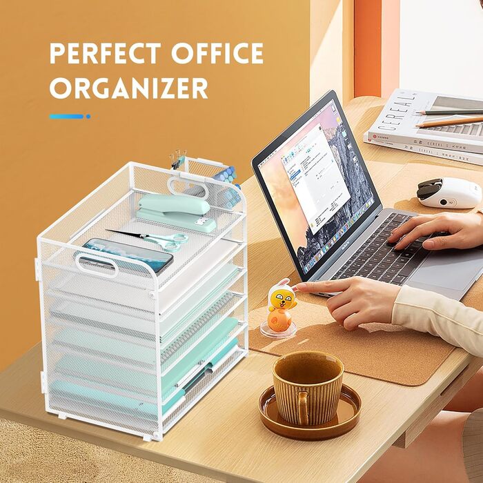 Рівневий лоток для листів з 4 тримачами для ручок, сітчастий органайзер для столу, лоток для листів з ручкою, органайзер для паперу для папок A4, білий, 6-