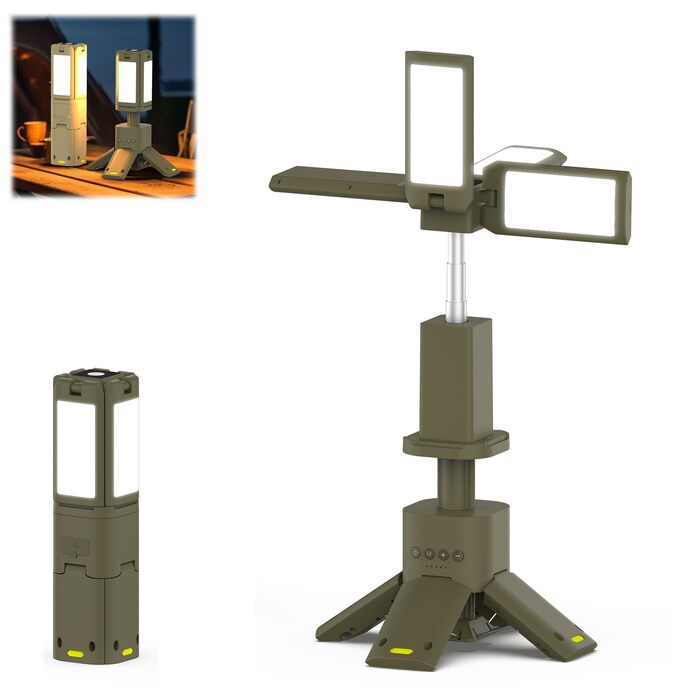 Телескопічний тримач для ліхтаря для кемпінгу з акумулятором, портативний магнітний ліхтар із зовнішнім акумулятором, водонепроникний, 3 режими аварійного освітлення для кемпінгу, надзвичайних ситуацій, риболовлі, походів тощо (військово-зелений)