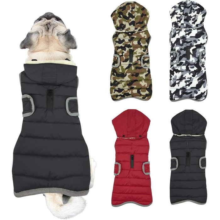 Зимова куртка для собак зі знімним капюшоном, водонепроникна та світловідбиваюча куртка для собак, тепла флісова куртка з капюшоном для цуценят, куртки для маленьких, середніх та великих собак, чорна, M.