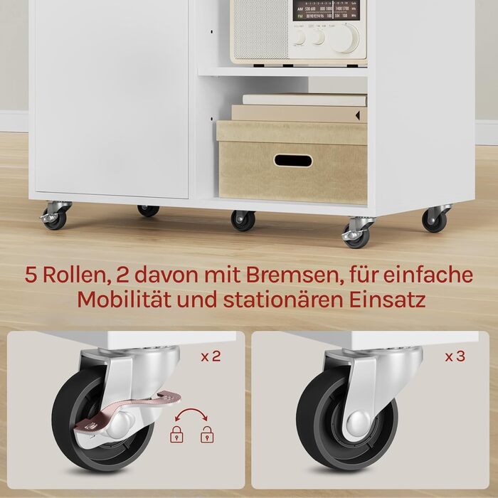 Шафа для документів WOLTU з колесами, стіл для принтера з 3 відкритими відділеннями, 1 дверцята, регульовані полиці, для дому та офісу, 60x70x35 см, білий