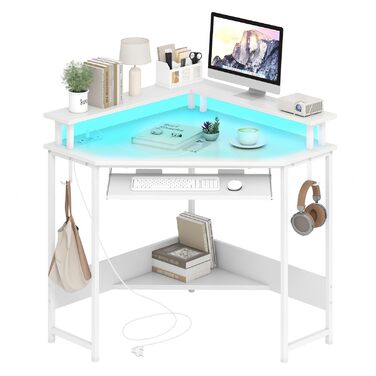 Комп&39ютерний стіл FANTASK L-подібної форми зі світлодіодним підсвічуванням, кутовий стіл з підставкою для клавіатури та монітора, компактний стіл для дому та офісу (білий)