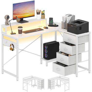 Кутовий письмовий стіл YITAHOME L-подібний з USB-розетками та шухлядами, білий, 130 x 100 x 75 см